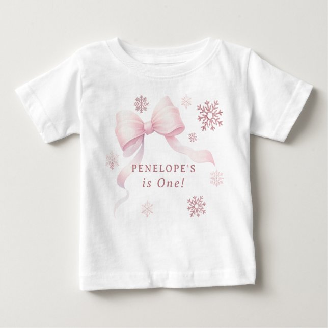 Vinter Onederland Rosa Båge Flicka 1-årsdag T Shirt (Framsida)