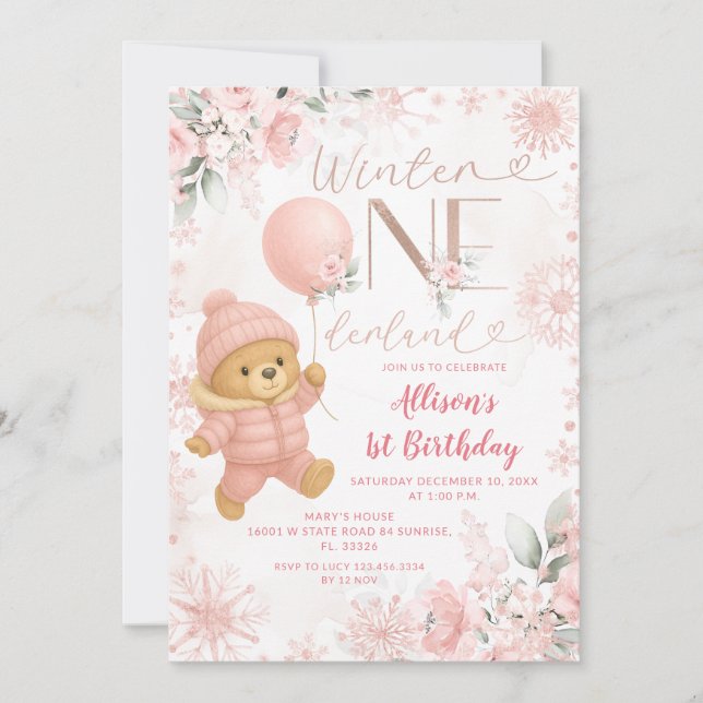Vinter ONEderland Rosa Björn Ballong 1-års Födelse Inbjudningar (Framsida)