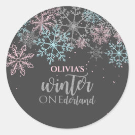 Vinter Onederland Rosa blå silver glitter Runt Klistermärke