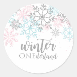 Vinter Onederland Rosa blå silver glitter Runt Klistermärke