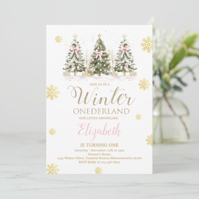 VINTER ONEderland Rosa & Falskt Guld 1-års Födelse Inbjudningar (Stående Fram)