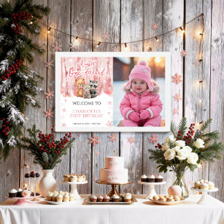 Vinter Onederland Rosa Första Foto Välkomstskylt Poster
