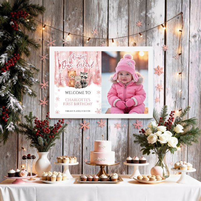 Vinter Onederland Rosa Första Foto Välkomstskylt Poster (Skapare uppladdad)