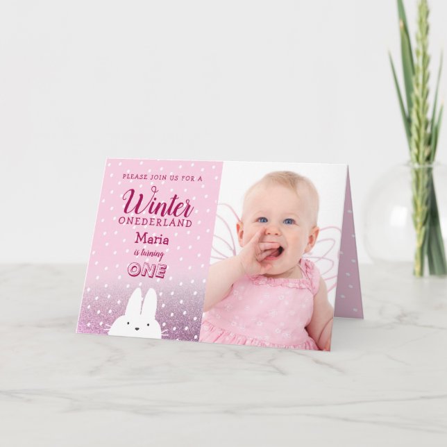 Vinter Onederland Rosa Glitter Foto Inbjudan (Framsida)
