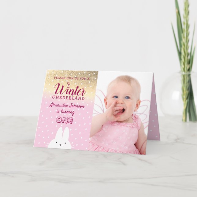 Vinter Onederland Rosa & Guld Glitter 1-årsfest Inbjudan (Framsida)