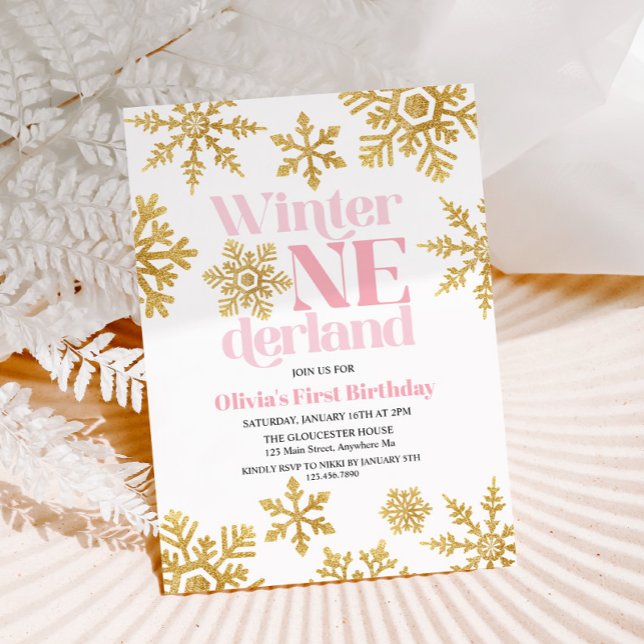 Vinter Onederland Rosa Guld Snöflinga 1-årsfirande Inbjudningar (Skapare uppladdad)