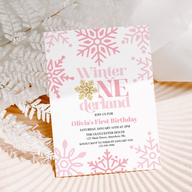Vinter Onederland Rosa Guld Snöflinga 1-årsfirande Inbjudningar (Skapare uppladdad)