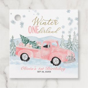 Vinter Onederland Rosa Lastbil Första Födelsedagen Gåvor Etiketter