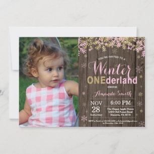 Vinter Onederland Rosa och Guld Flicka 1-årsdag Inbjudningar