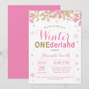 Vinter Onederland Rosa och Guld Flicka 1-årsdag Inbjudningar