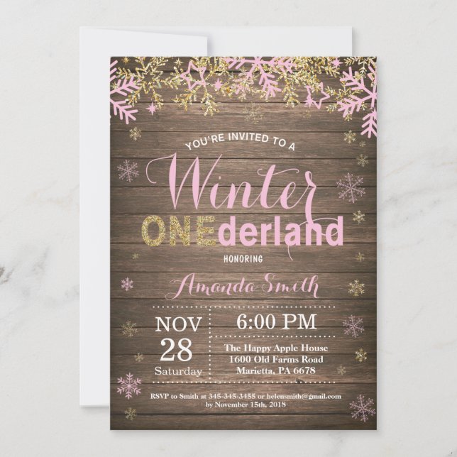 Vinter Onederland Rosa och Guld Flicka 1-årsdag Inbjudningar (Framsida)