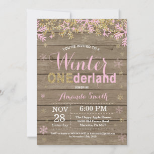 Vinter Onederland Rosa och Guld Flicka 1-årsdag Inbjudningar