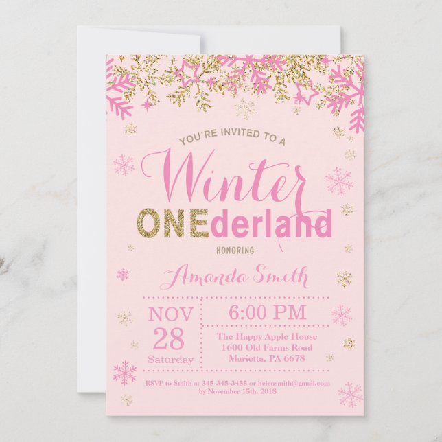 Vinter Onederland Rosa och Guld Flickas 1-årsdag Inbjudningar (Framsida)