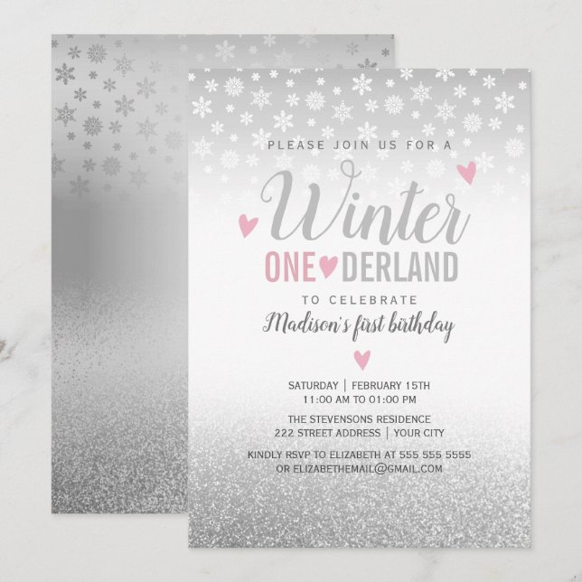 Vinter Onederland Rosa Silver 1-årsfirande Inbjudningar (Fram/baksida)