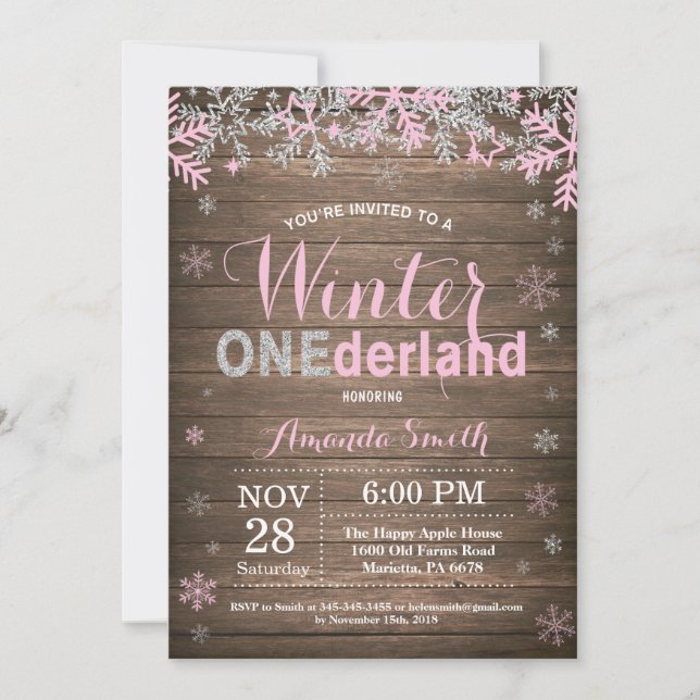 Vinter Onederland Rosa Silver Flicka 1-årsdag Inbjudningar (Framsida)