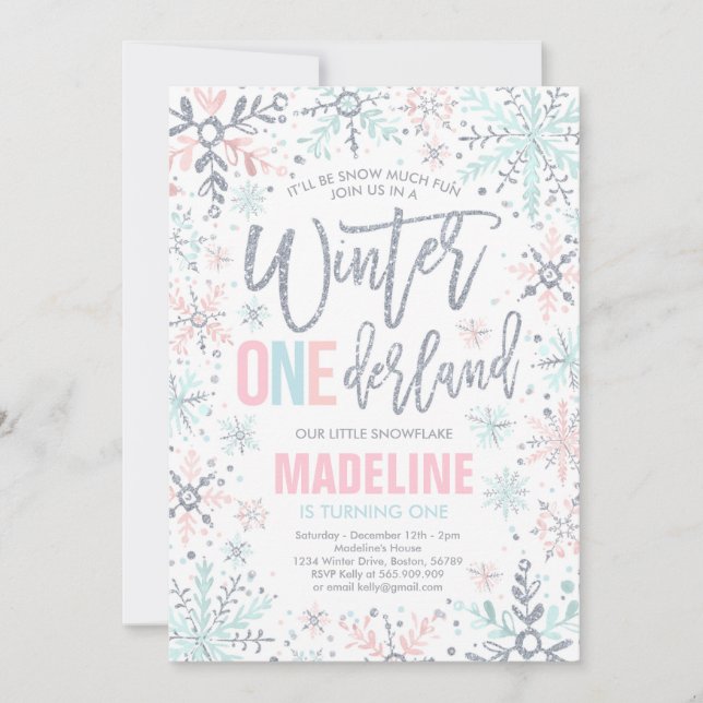 Vinter ONEderland Rosa Silver Snöflinga Födelsedag Inbjudningar (Framsida)