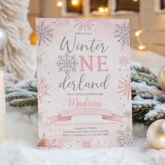 Vinter Onederland Rosa Silver Snöflingor Födelseda Inbjudningar