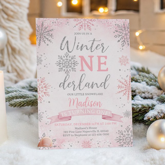 Vinter Onederland Rosa Silver Snöflingor Födelseda Inbjudningar (Skapare uppladdad)