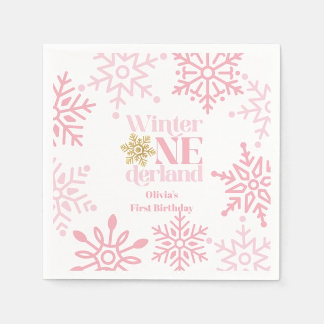 Vinter Onederland Rosa Snöflinga 1-årsfirande Pappersservett (Framsidan)