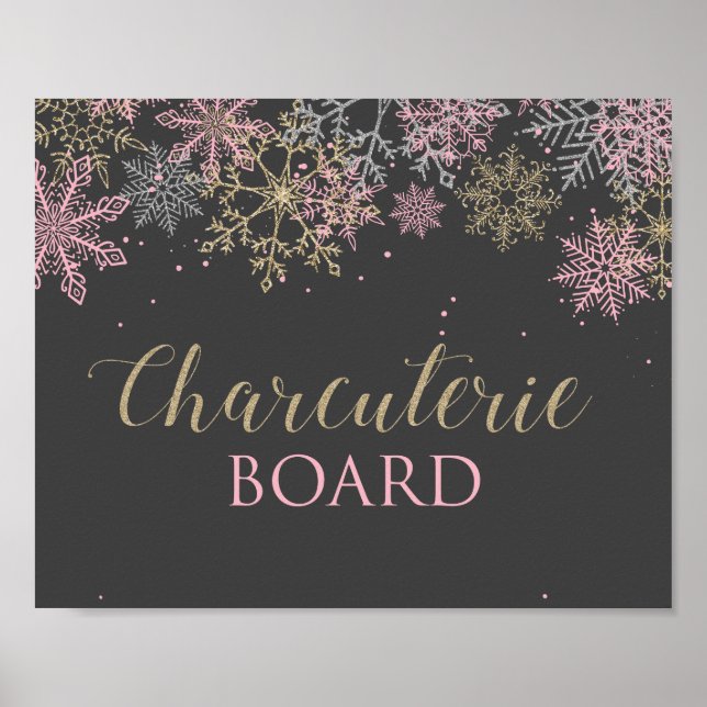 Vinter Onederland Rosa Snöflinga Charcuterieskylt Poster (Framsidan)