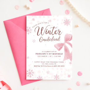 Vinter Onederland Rosa Snöflinga Första Födelsedag Inbjudningar