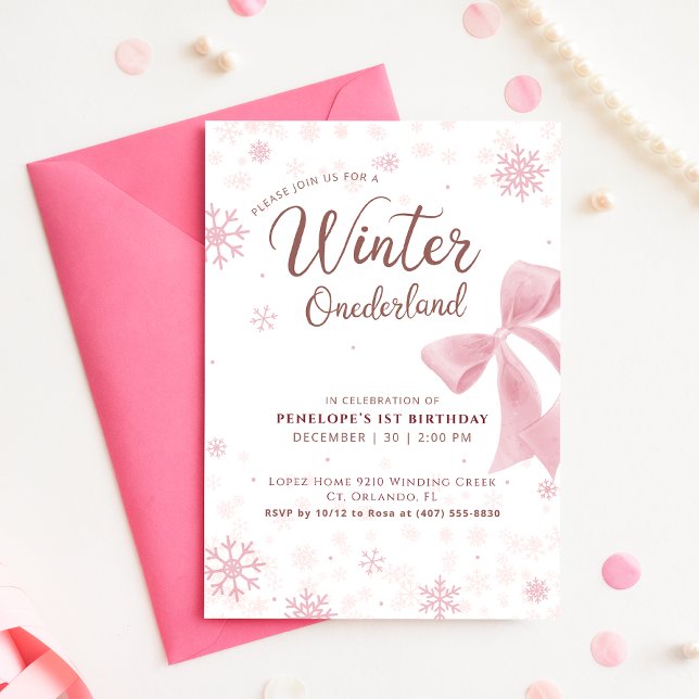 Vinter Onederland Rosa Snöflinga Första Födelsedag Inbjudningar (Skapare uppladdad)