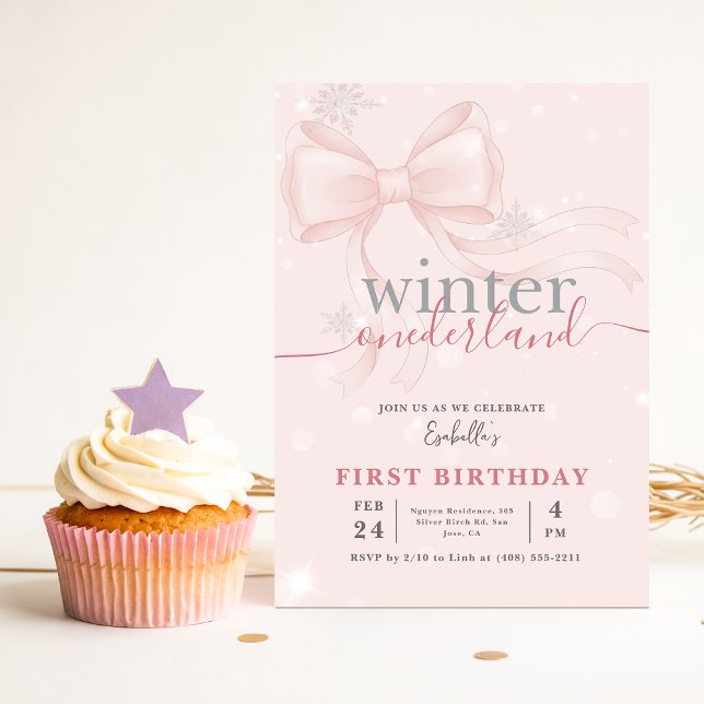 Vinter Onederland Rosa Snöflinga Slinga 1-års Föde Inbjudningar (Skapare uppladdad)