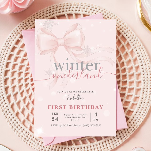 Vinter Onederland Rosa Snöflinga Slöja 1-årsfirand Inbjudningar (Skapare uppladdad)