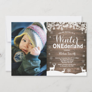 Vinter Onederland Rustic 1-års fotofödselagsdag Inbjudningar