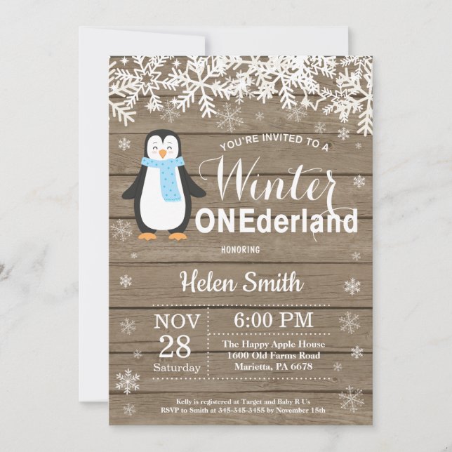 Vinter Onederland Rustic Penguin pojke 1:a födelse Inbjudningar (Framsida)