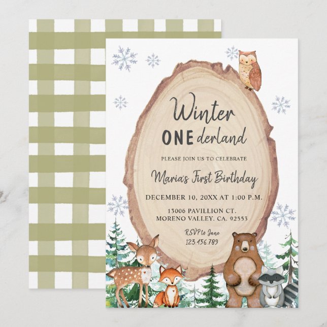 Vinter Onederland Rustic Woodland Animal Birthday Inbjudningar (Fram/baksida)