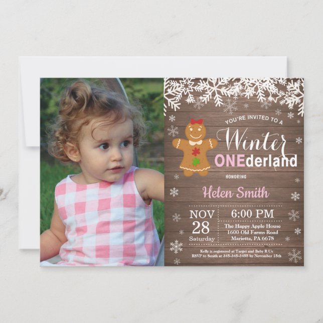 Vinter Onederland Rustik Flicka 1-årsdag Inbjudningar (Framsida)