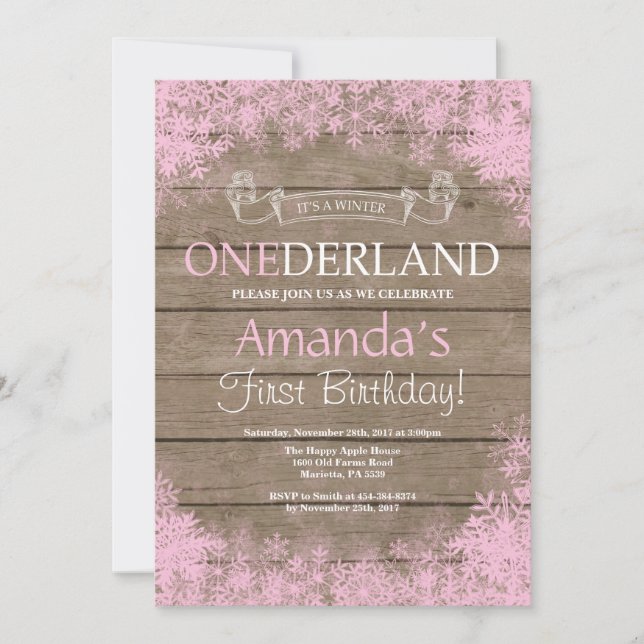 Vinter Onederland Rustik Flicka 1-årsdag Inbjudningar (Framsida)