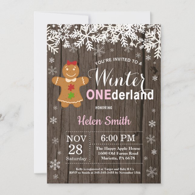 Vinter Onederland Rustik Flicka 1-årsdag Inbjudningar (Framsida)