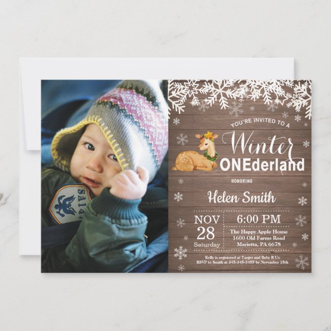 Vinter Onederland Rustik Hjort 1-årsdag Inbjudningar (Framsida)