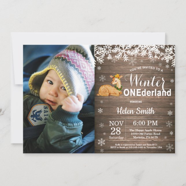 Vinter Onederland Rustik Hjort 1-årsdag Inbjudningar (Framsida)