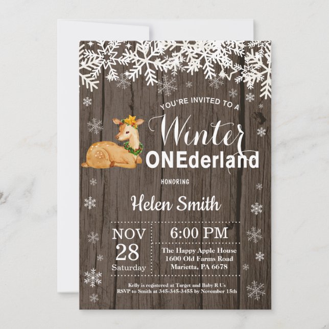 Vinter Onederland Rustik Hjort 1-årsdag Inbjudningar (Framsida)