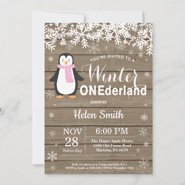 Vinter Onederland Rustik Pingvin Flicka 1-årsdag Inbjudningar (Framsida)