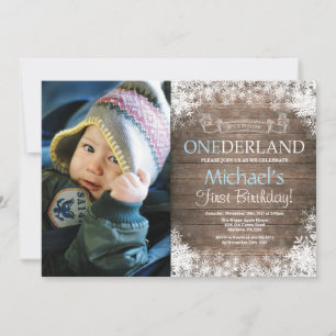 Vinter Onederland Rustik Pojke 1-års Födelsedagsfo Inbjudningar