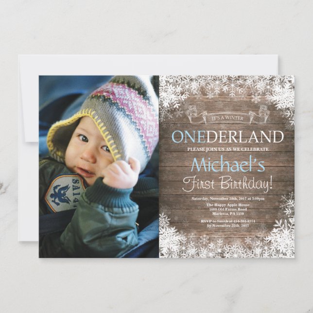 Vinter Onederland Rustik Pojke 1-års Födelsedagsfo Inbjudningar (Framsida)