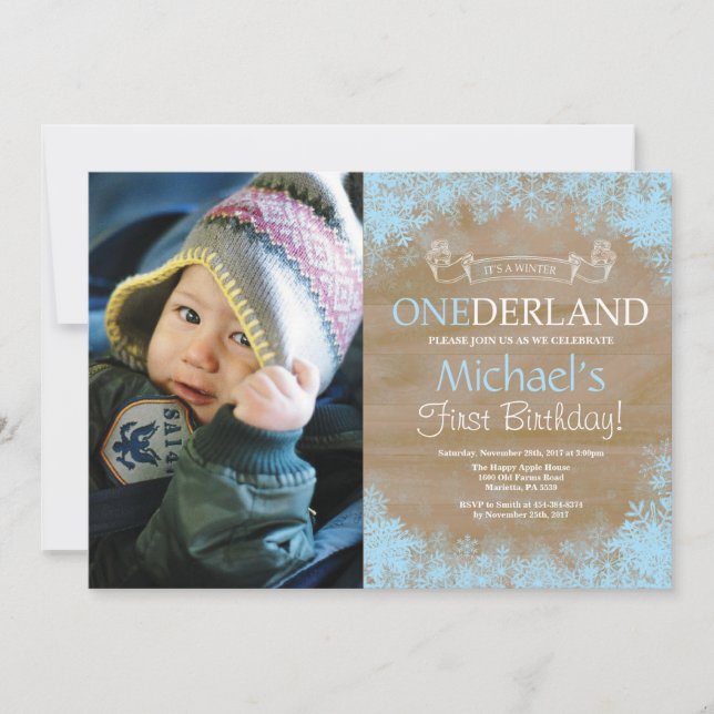 Vinter Onederland Rustik Pojke 1-års Födelsedagsfo Inbjudningar (Framsida)