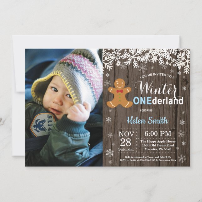 Vinter Onederland Rustik Pojke 1-årsdag Inbjudningar (Framsida)