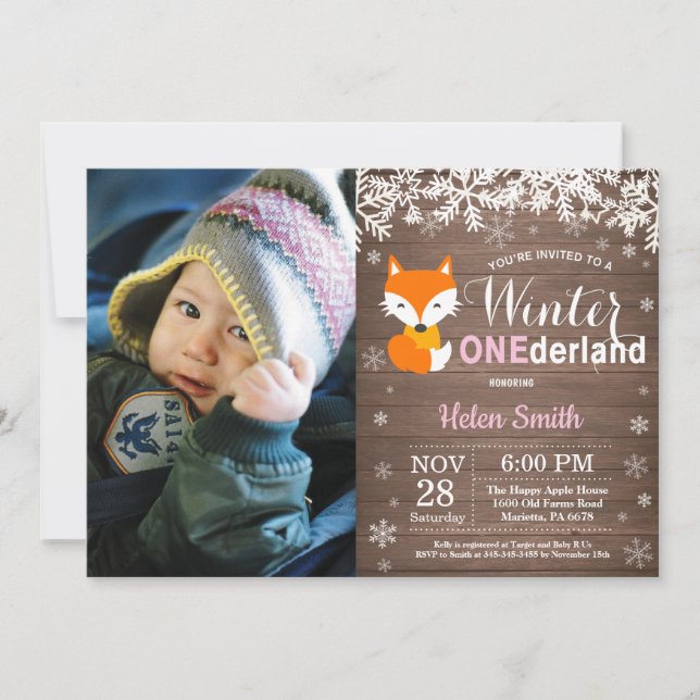 Vinter Onederland Rustik Räv Flicka 1-årsdag Inbjudningar (Framsida)