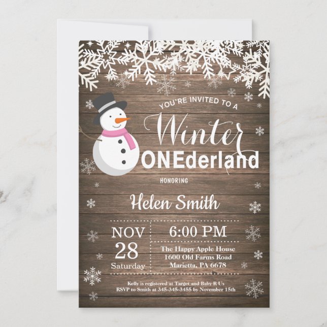 Vinter Onederland Rustik Snorman Flicka 1-årsdag Inbjudningar (Framsida)