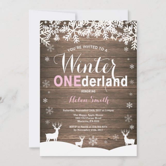 Vinter Onederland Rustik Trä Flicka 1-års Födelsed Inbjudningar (Framsida)