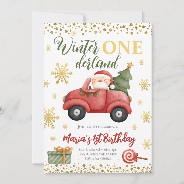 Vinter Onederland Santa Birthday-inbjudan Inbjudningar (Framsida)