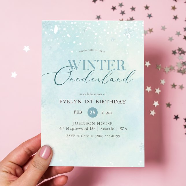 Vinter Onederland Silver Glitter Bebis 1-årsdag Inbjudningar (Skapare uppladdad)