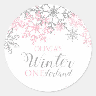 Vinter Onederland Silver och Rosa Snöflinga Runt Klistermärke