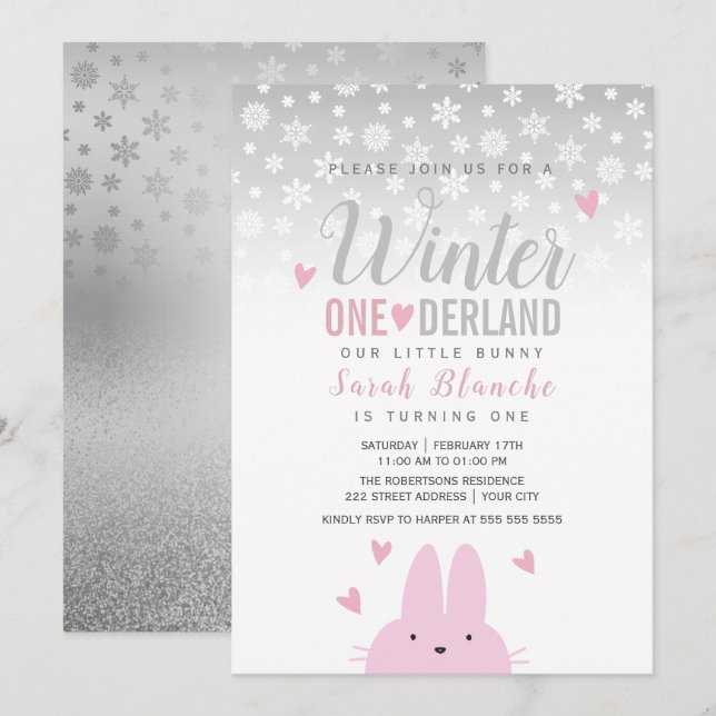 Vinter Onederland Silver Rosa 1-årsfirande Inbjudningar (Fram/baksida)