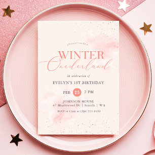 Vinter ONEderland Silver Rosa Glitter 1-årsfest Inbjudningar
